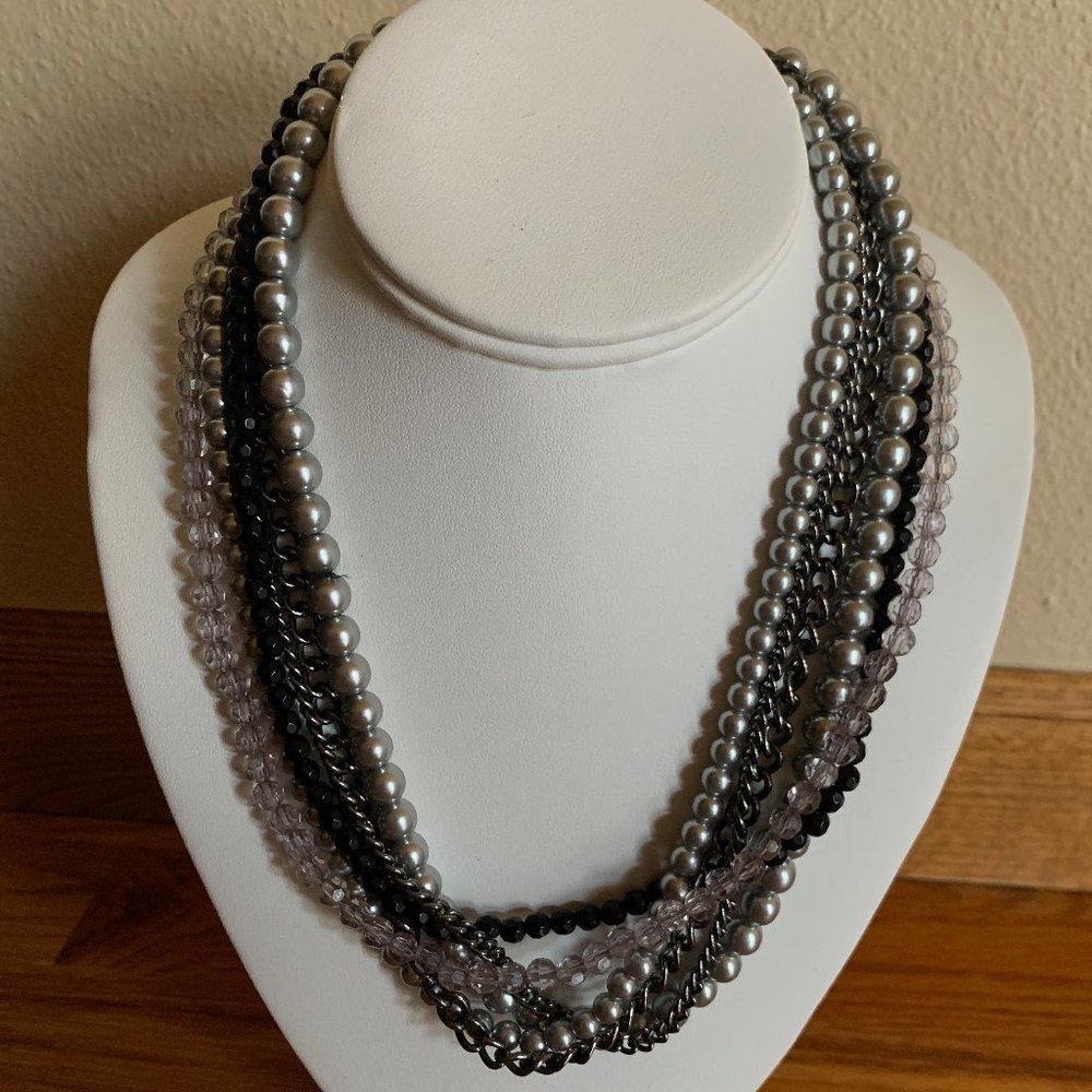 Multi-layered black, gray and crystal necklace